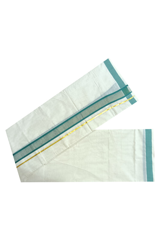 Off White Kerala Double Mundu with Kasavu and Green Kara (South Indian Dhoti)