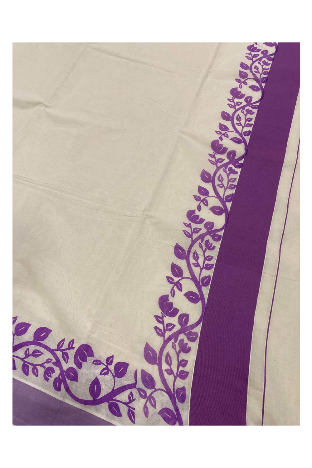 Southloom Original Design Kerala Saree with Violet Floral Vines Block Print