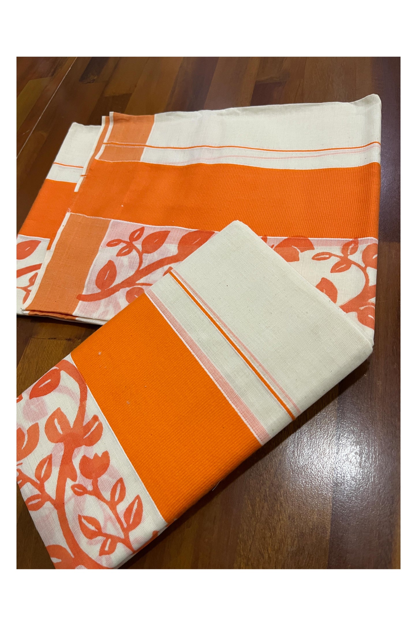 Southloom Original Design Single Set Mundu (Mundum Neriyathum Vishu 2023) with Orange Floral Vines Block Prints 2.80 Mtrs