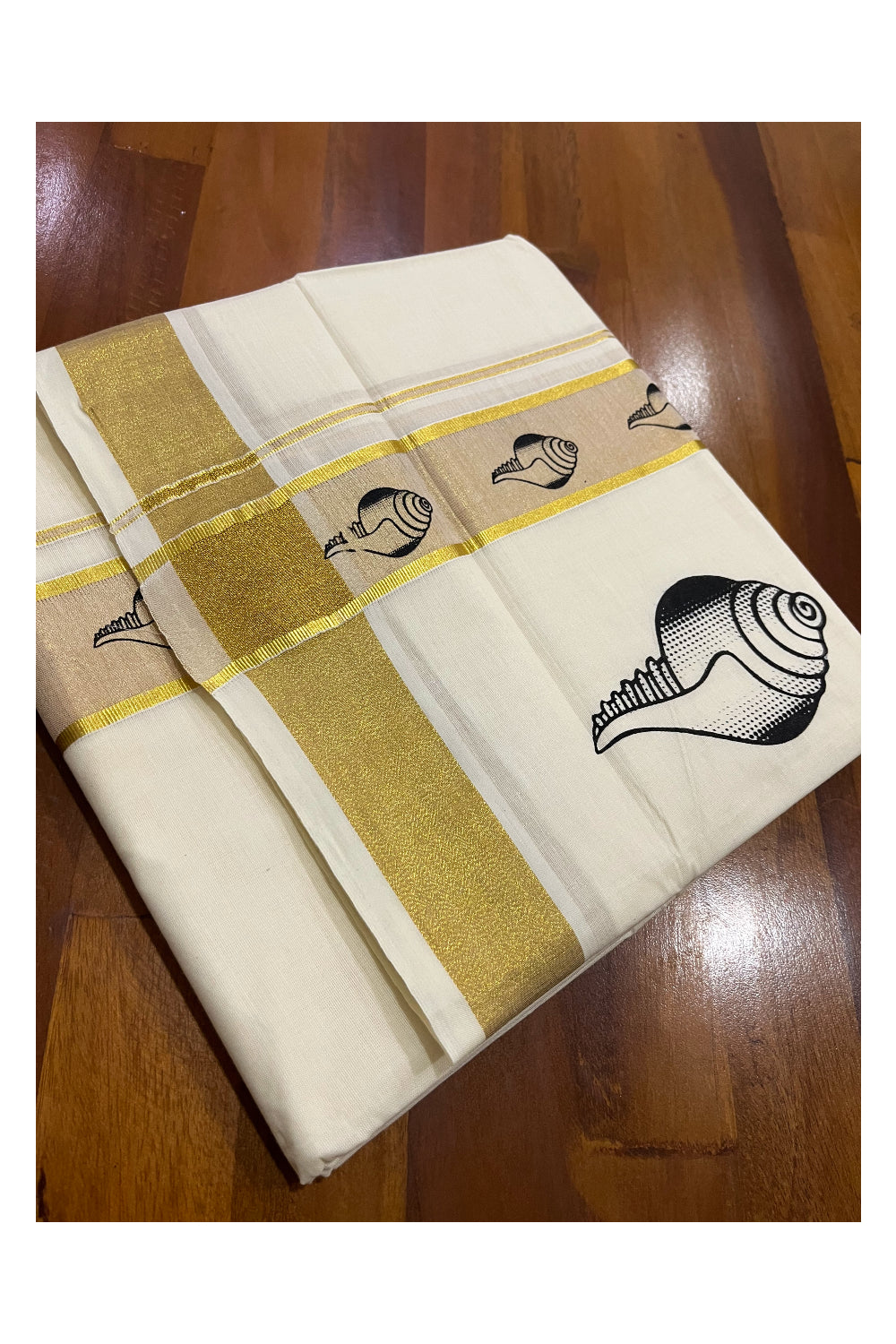 Pure Cotton Off White Double Mundu with Black Block Prints on Kasavu Kara (South Indian Dhoti)