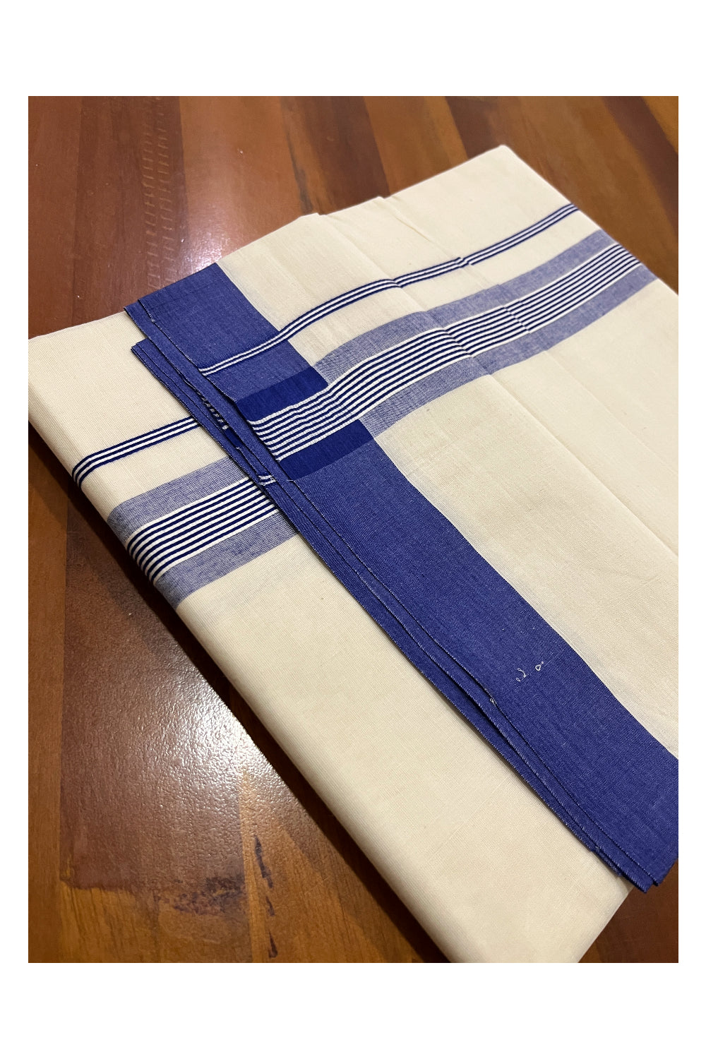 Pure Cotton Off White Double Mundu with Blue Kara (South Indian Dhoti)