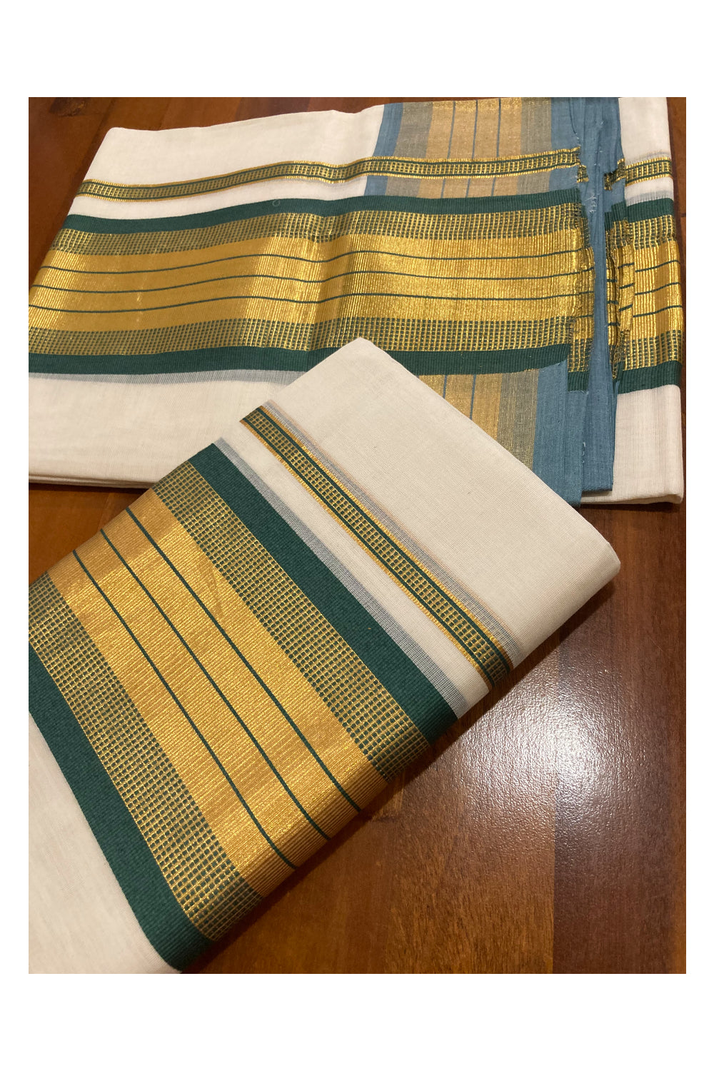 Southloom Premium Handloom Set Mundu with Kasavu and Green Border 2.80 Mtrs