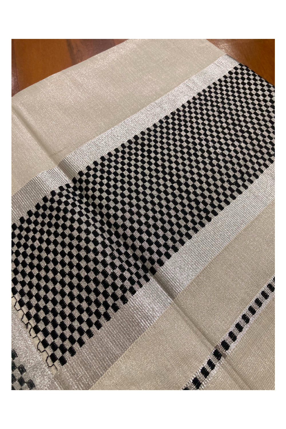 Kerala Silver Tissue Kasavu Saree with Black Paa Neythu Border