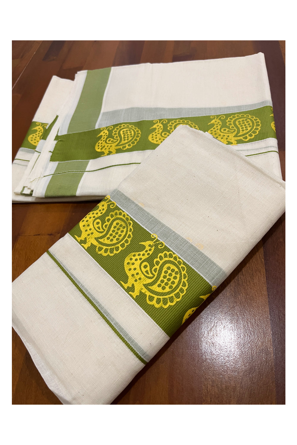 Pure Cotton Single Set Mundu (Mundum Neriyathum Vishu 2023) with Block Prints on Green Border