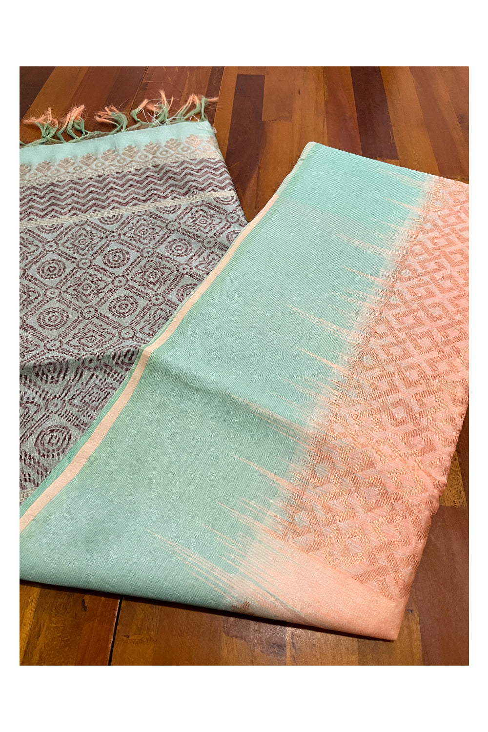 Southloom Semi Tussar Designer Peach Saree with Blue Border