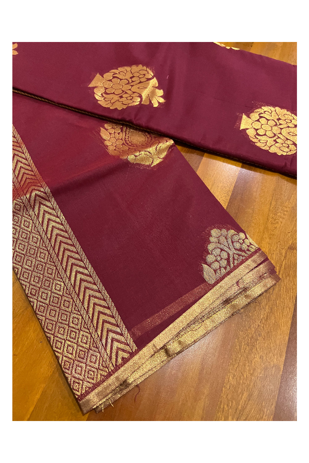 Southloom Maroon Cotton Silk Saree with Copper Kasavu Woven Works on Body