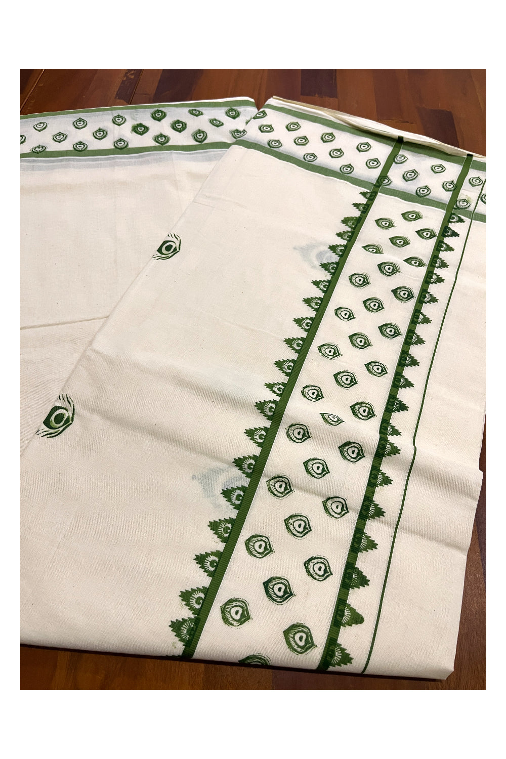 Pure Cotton Off White Kerala Saree with Green Block Print Border (Vishu Saree 2023)