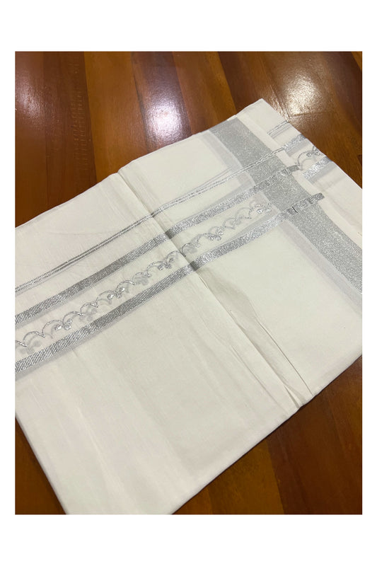 Pure White Cotton Double Mundu with Silver Kasavu Woven Border (South Indian Dhoti)