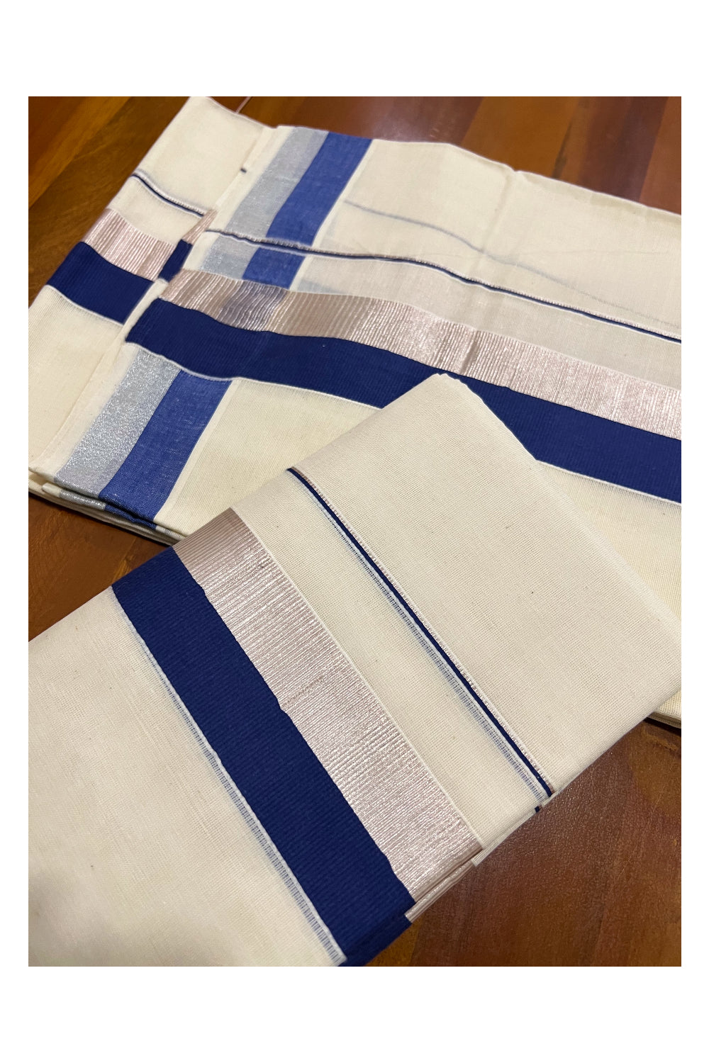 Pure Cotton Kerala Single Set Mundu (Mundum Neriyathum) with Blue and Silver Kasavu Border 2.80 Mtrs