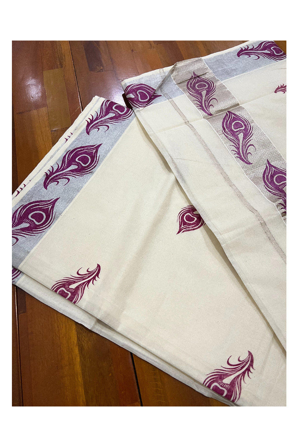 Pure Cotton Kerala Saree with Dark Magenta Feather Block Prints on Silver Border and Pallu