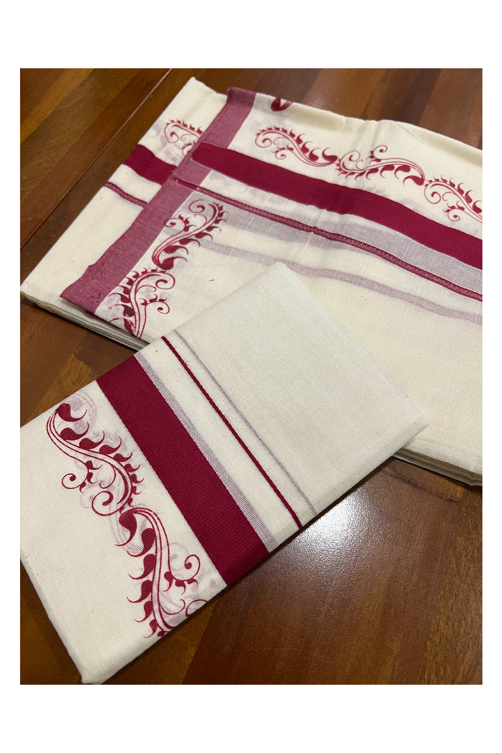 Pure Cotton Set Mundu (Mundum Neriyathum) with Maroon Block Prints on Border