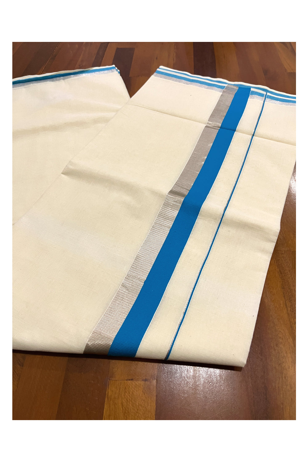 Kerala Pure Cotton Plain Saree with Silver Kasavu and Blue Border