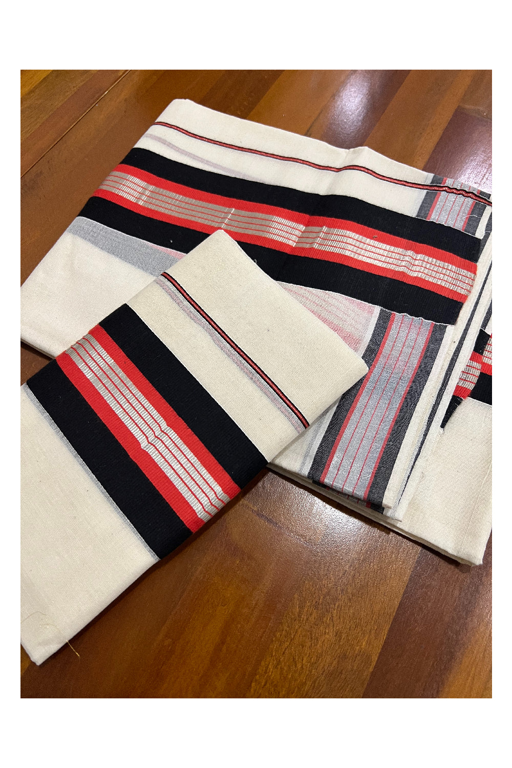 Pure Cotton Mundum Neriyathum Single (Set Mundu) with Silver Kasavu Black and Red Border 2.80 Mtrs