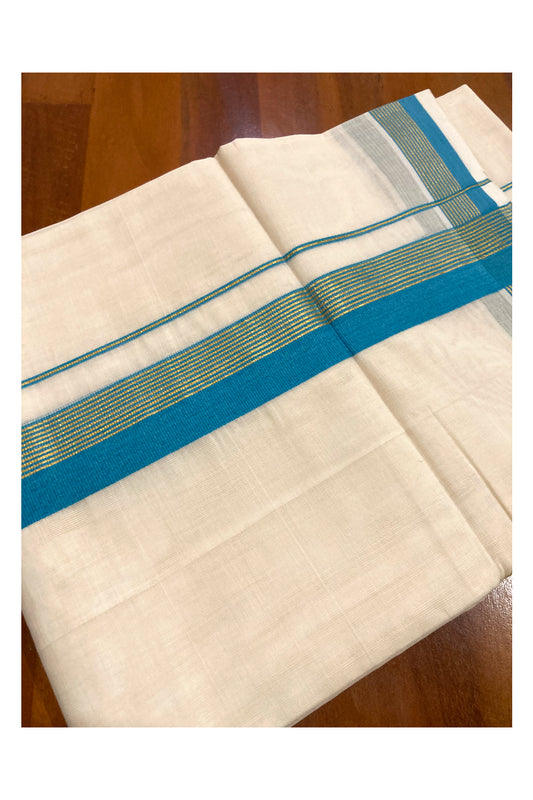 Southloom Premium Handloom Pure Cotton Mundu with Blue and Kasavu Lines Border (South Indian Dhoti)