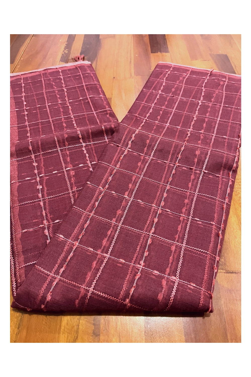 Southloom Organza Check Design Maroon Saree with Tassels Works