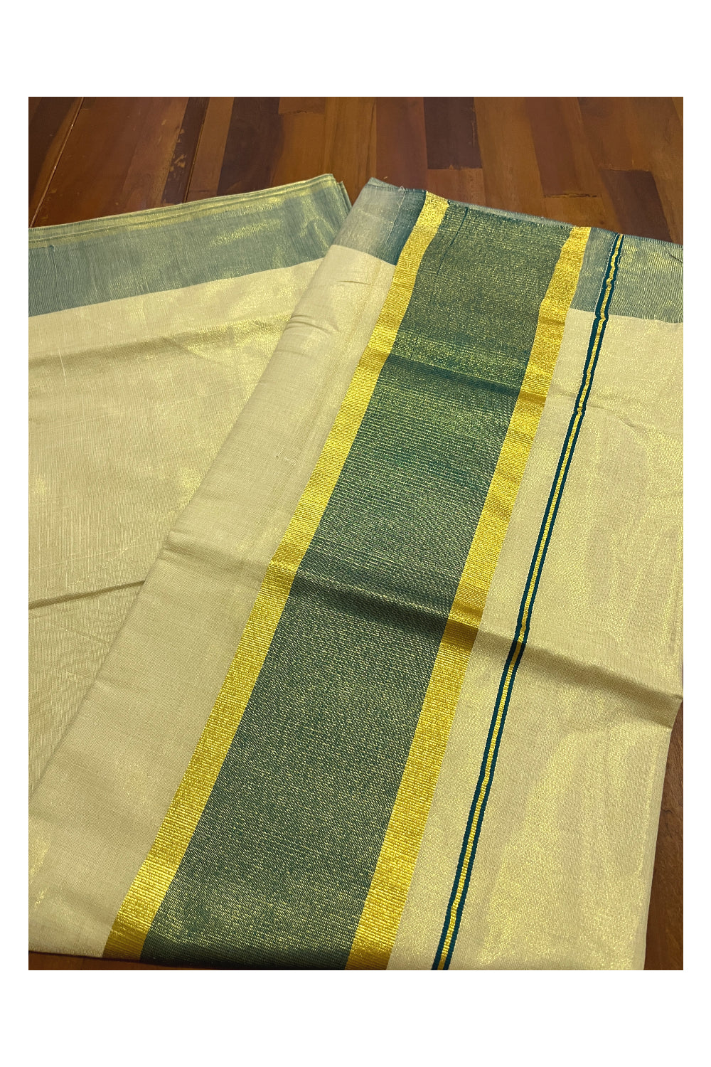 Kerala Tissue Kasavu Plain Saree with Green and Kasavu Border