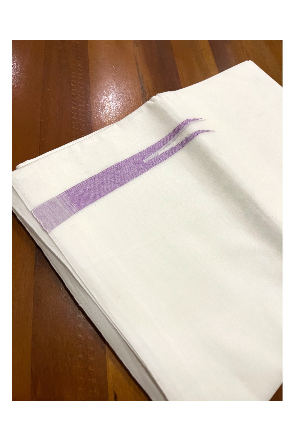 Pure White Cotton Double Borderless Mundu with Violet Chutti Design on Bottom (South Indian Kerala Dhoti)