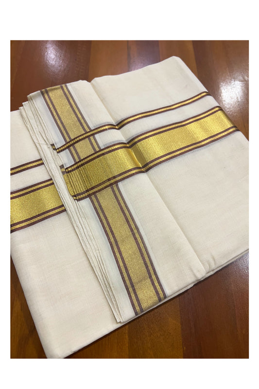 Southloom Premium Handloom Pure Cotton Mundu with Golden and Brown Kasavu Border (South Indian Dhoti)