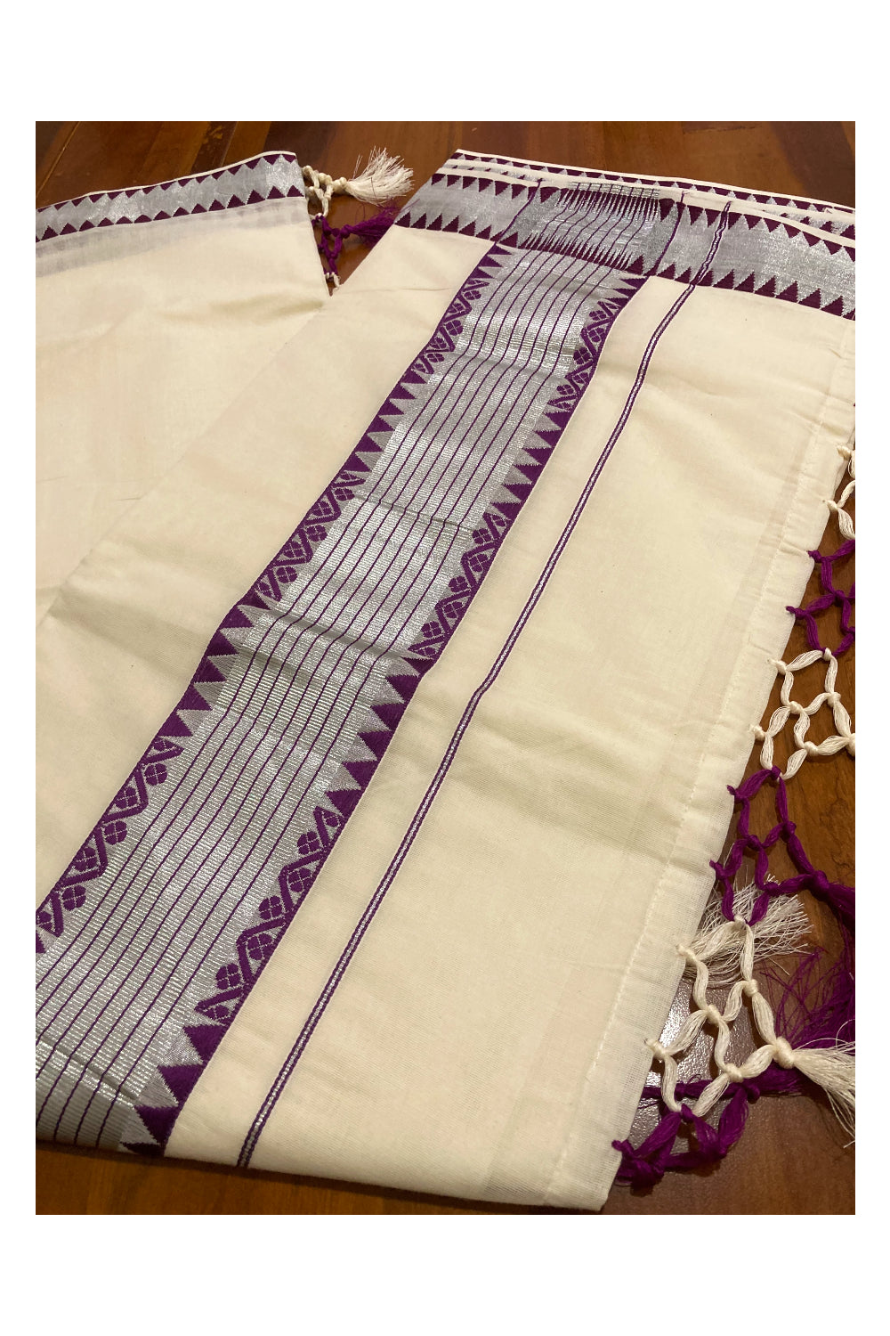 Pure Cotton Kerala Saree with Violet Temple Woven Works on Silver Kasavu Border