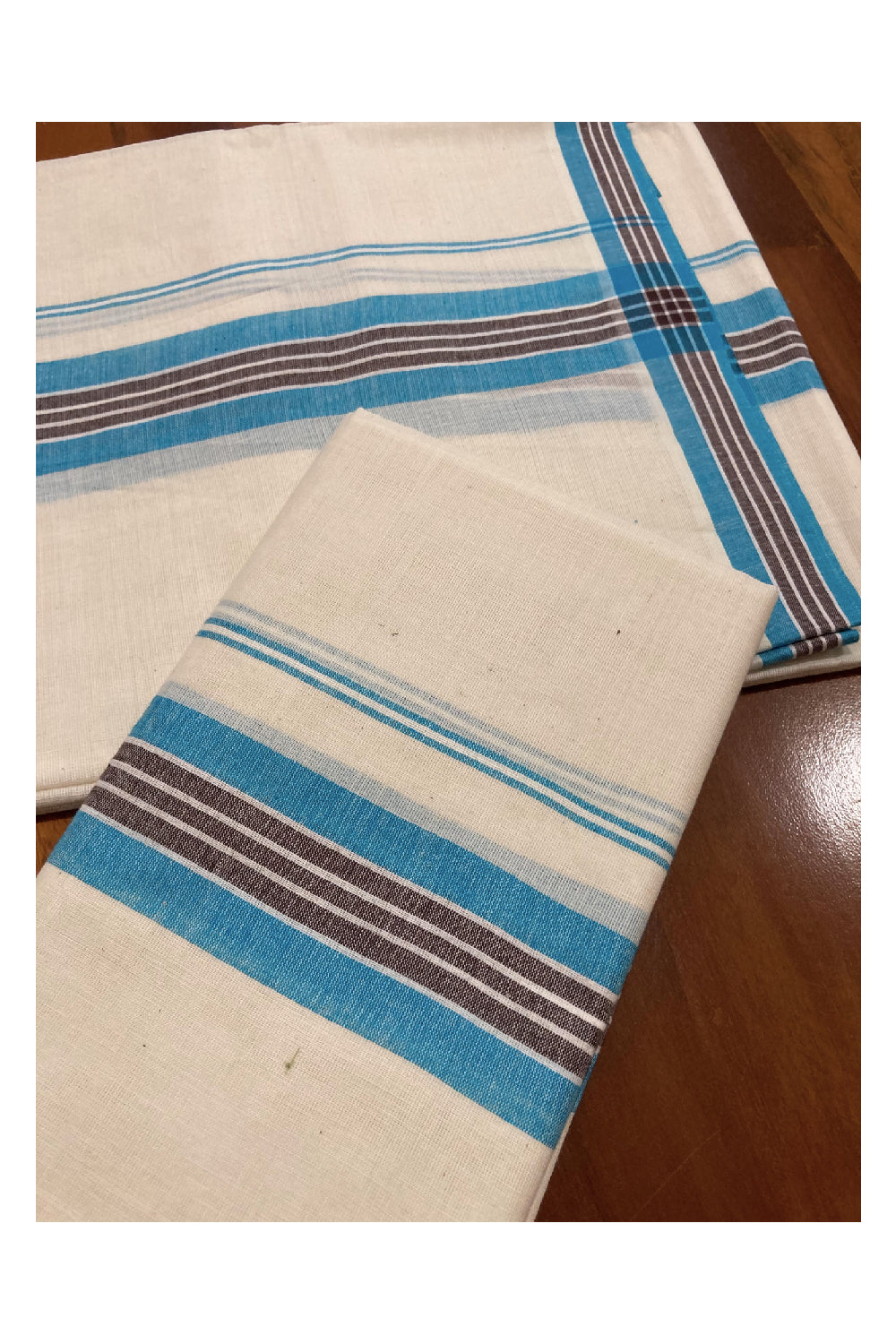 Kerala Cotton Mundum Neriyathum Single (Set Mundu) with Mulloth Design Blue and Brown Border (Extra Soft Cotton)