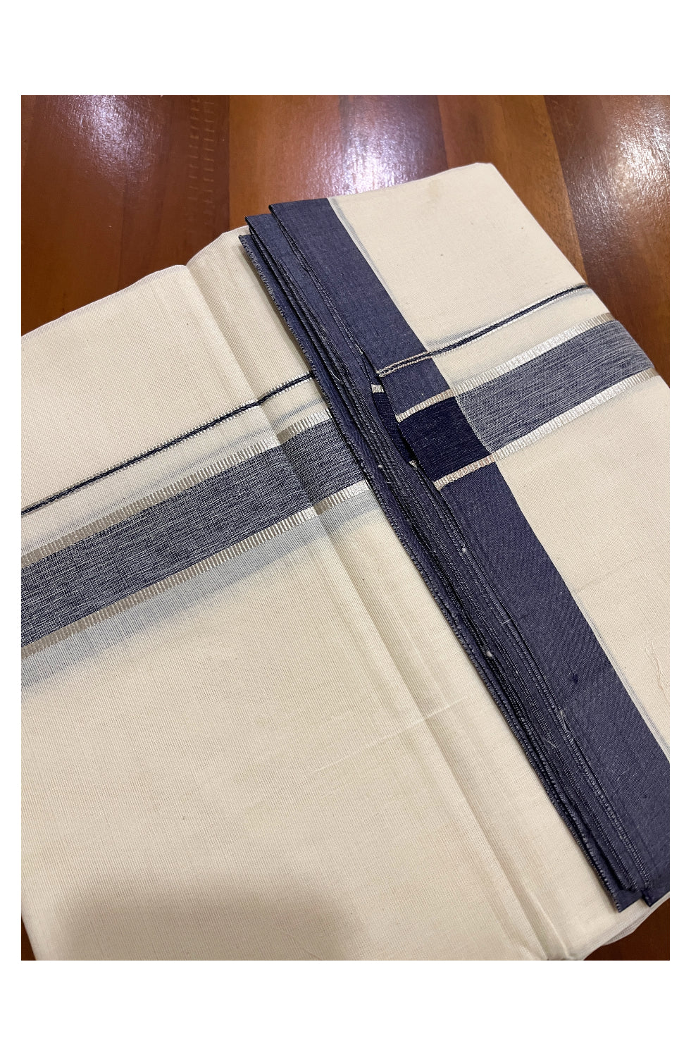 Pure Cotton Off White 100x100 Double Mundu with Silver Kasavu and Blue Border (South Indian Dhoti)