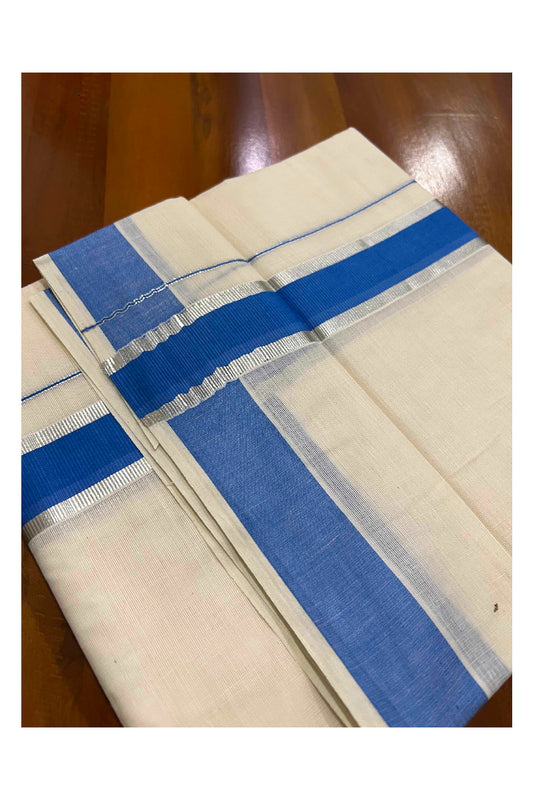 Off White Kerala Double Mundu with Silver Kasavu and Blue Border (South Indian Dhoti)