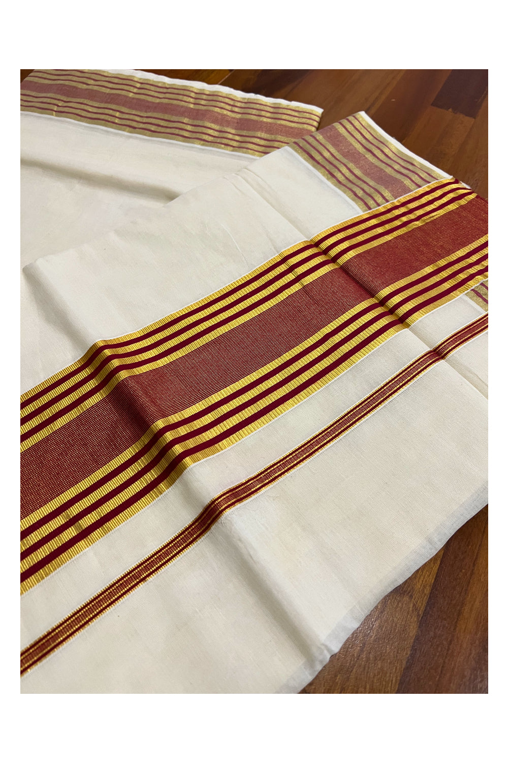 Pure Cotton Kerala Saree with Kasavu and Maroon Line Border