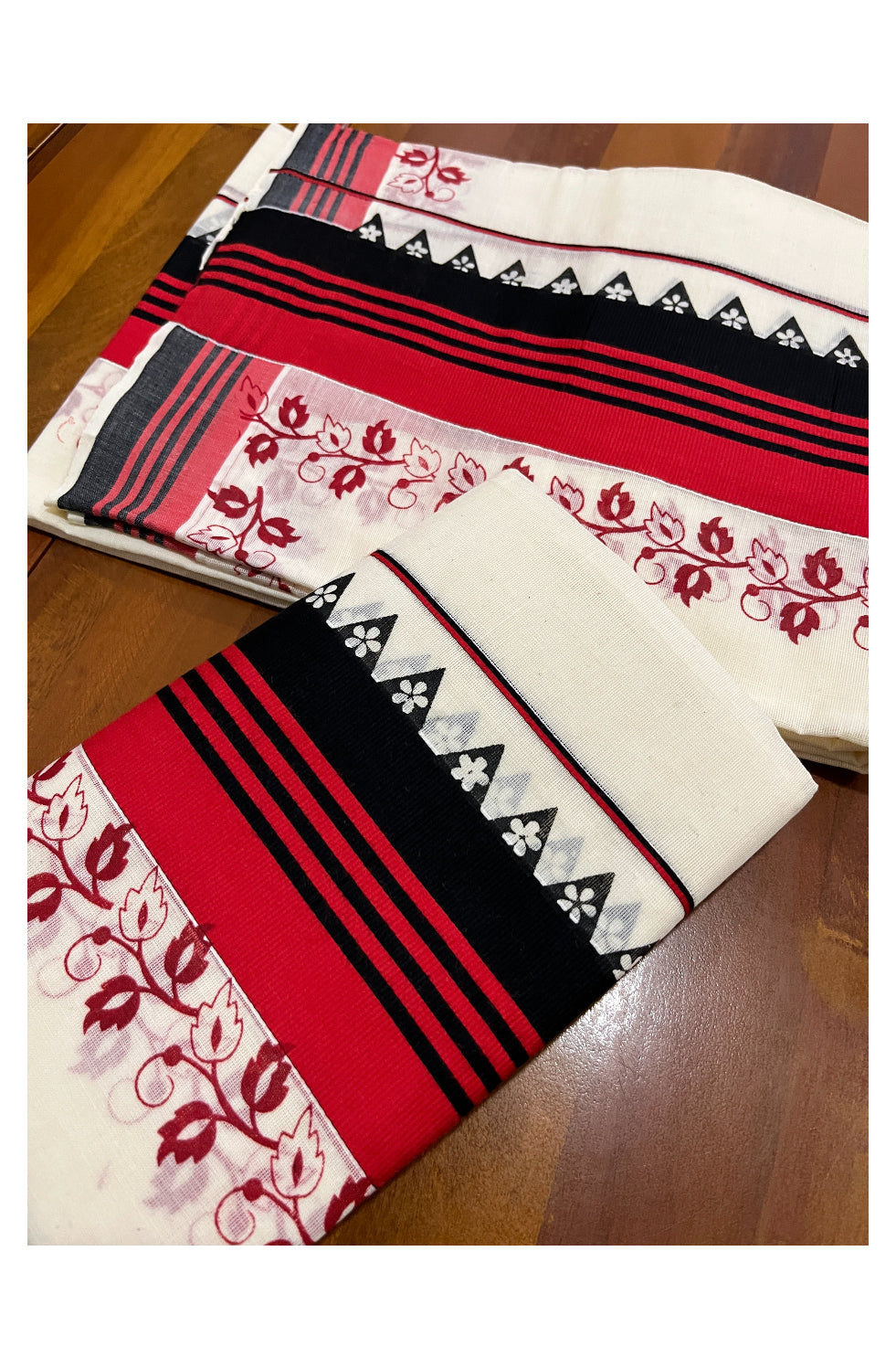 Kerala Cotton Set Mundu (Mundum Neriyathum) with Floral Prints on Black Red Border