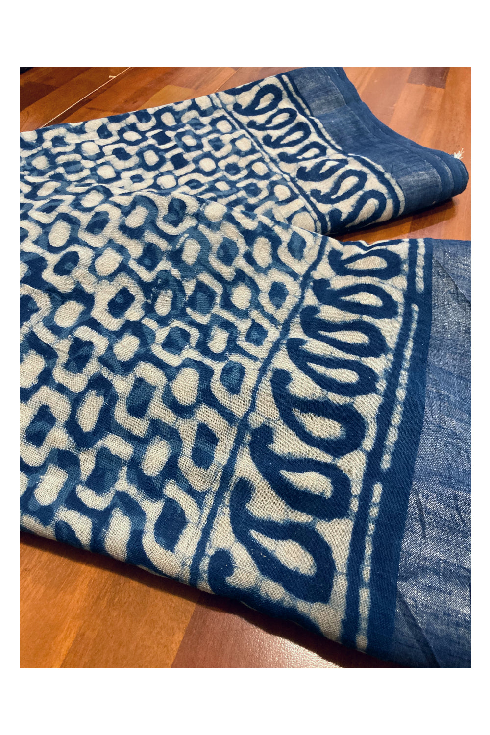 Southloom Linen Indigo Blue Saree with White Designer Prints and Tassels on Pallu