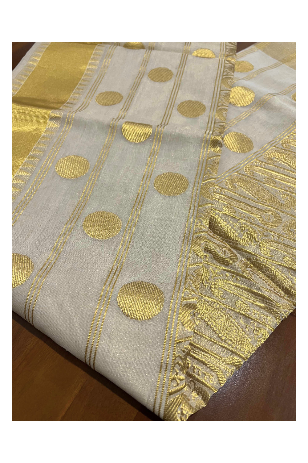 Southloom™ Original Handloom Kasavu Tissue Heavy Work Saree with Handwoven Polka Dots work