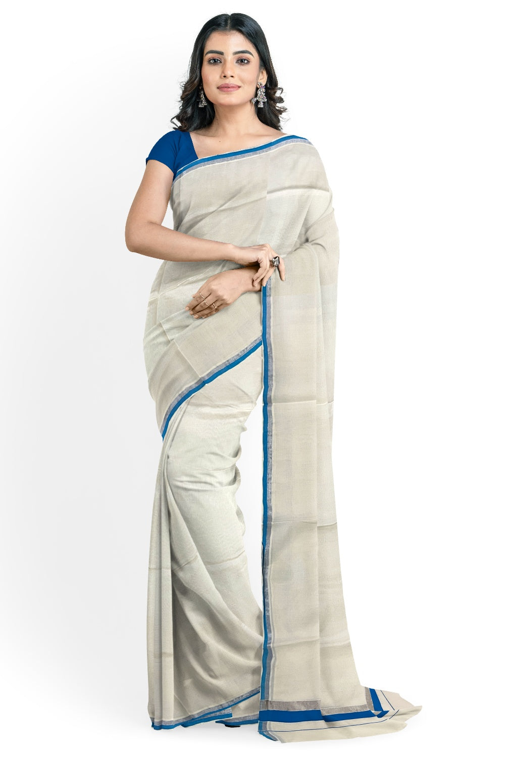 Kerala Pure Cotton Plain Saree with Silver Kasavu and Blue Border