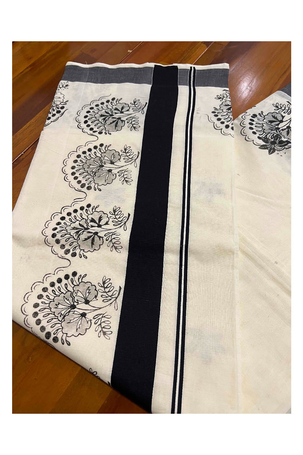 Pure Cotton Kerala Saree with Black Floral Block Printed Border