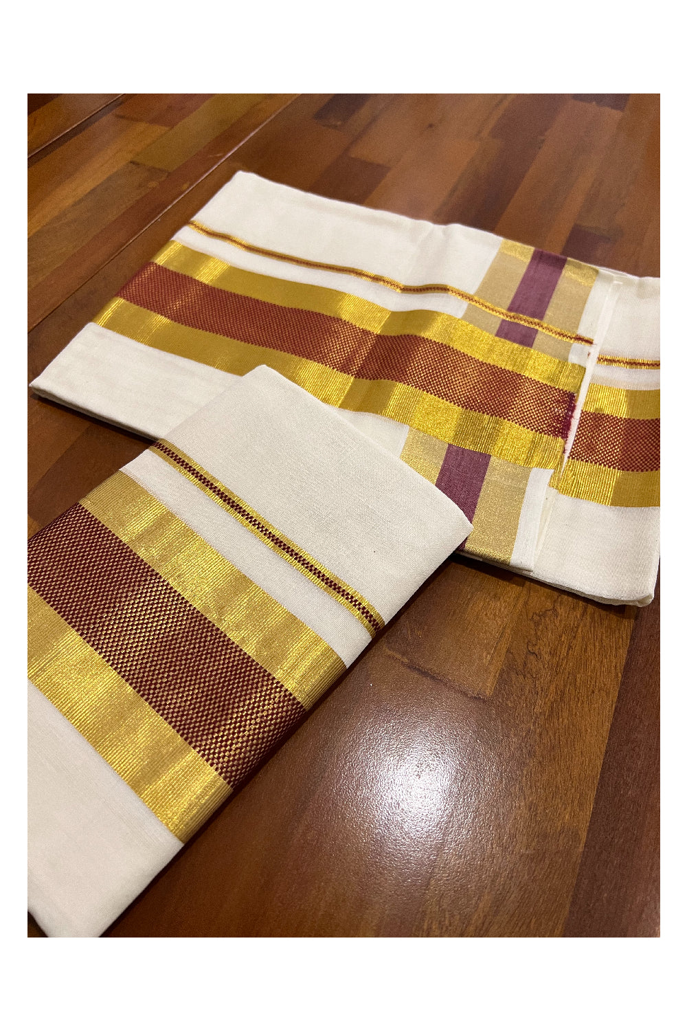 Southloom Premium Handloom Set Mundu with Kasavu and Dark Red Border 2.80 Mtrs