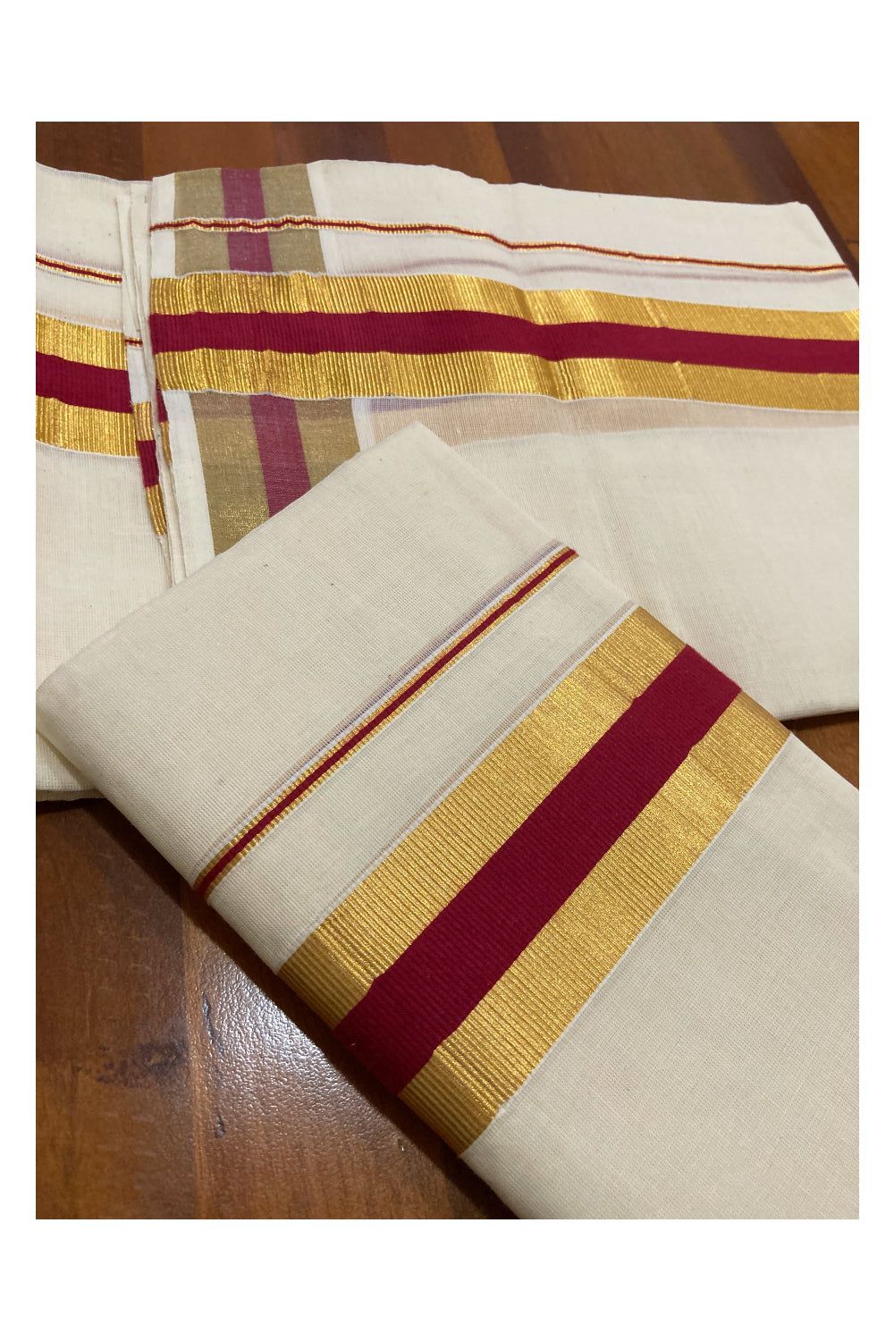 Southloom Kerala Cotton Mundum Neriyathum Single (Set Mundu) with Red and Kasavu Border 2.80 Mtrs SLKK