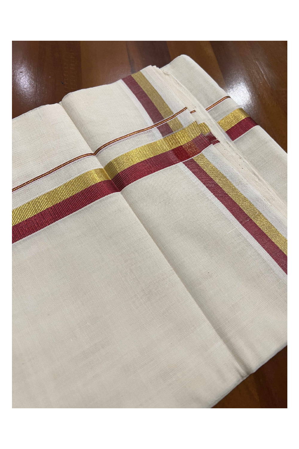 Southloom Kuthampully Pure Cotton Handloom Mundu with Golden and Red Kasavu Border