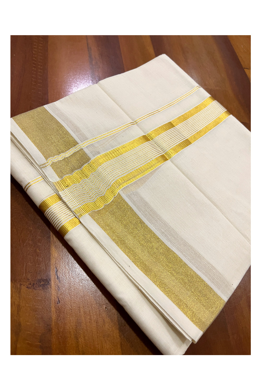 Pure Cotton Double Mundu with Kasavu Line Kara (South Indian Kerala Dhoti)