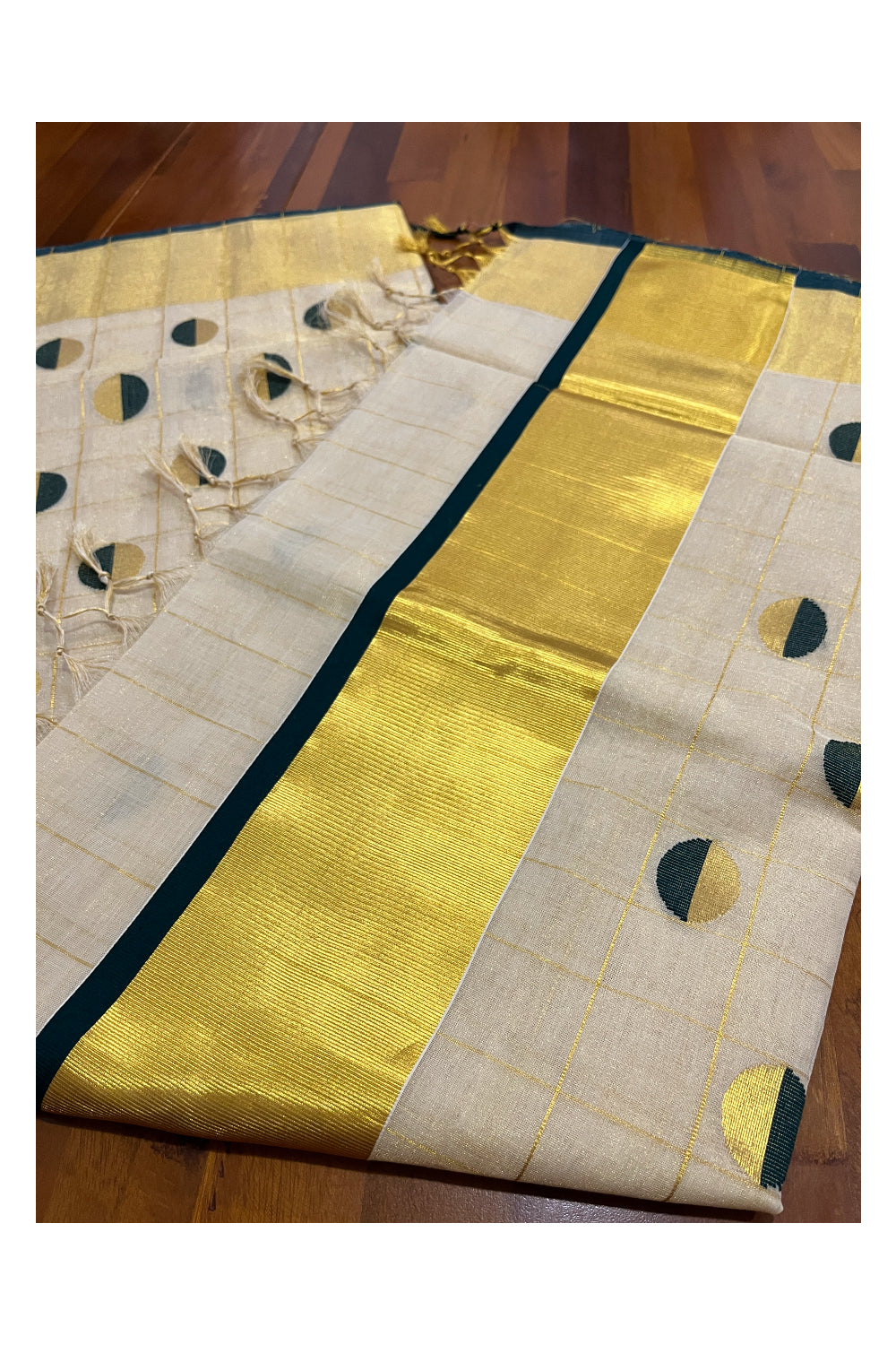 Southloom Premium Handloom Tissue Check Design Green and Golden Polka Work Saree