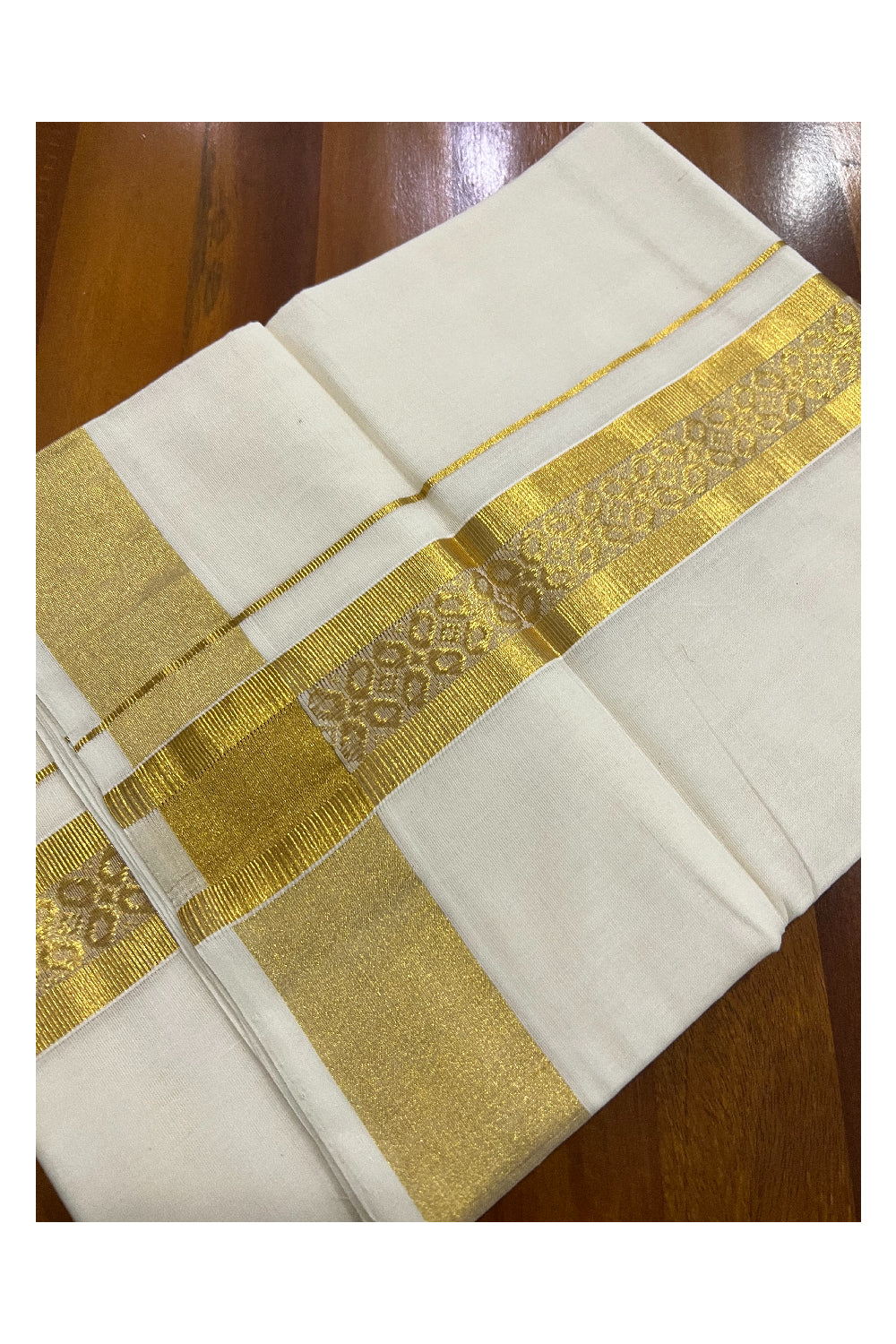 Southloom Balaramapuram Handloom Pure Cotton Wedding Mundu with Kasavu Woven Floral Design Border (South Indian Dhoti)