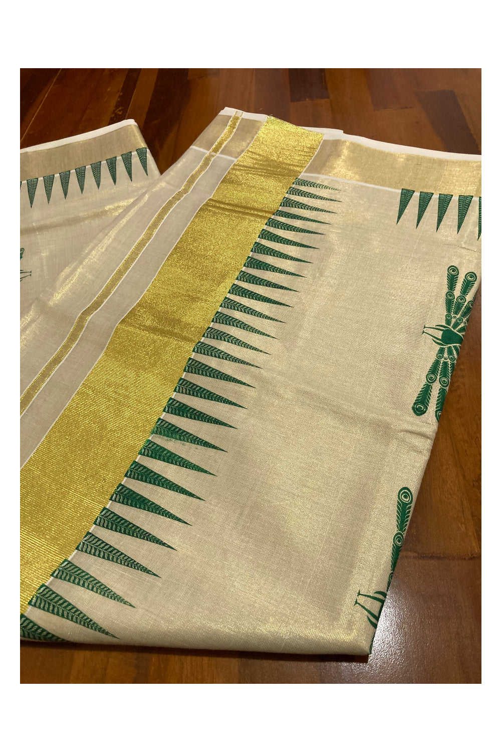 Kerala Tissue Kasavu Saree with Green Block Prints