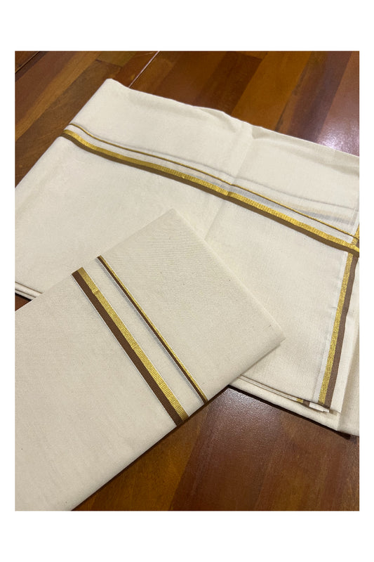 Kerala Cotton Puliyilakkara Set Mundu (Mundum Neriyathum) with 0.5 inch Kasavu and Light Brown Border 2.80 Mtrs