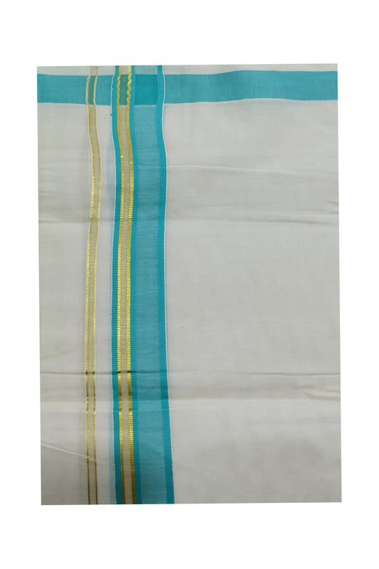 Off White Pure Cotton Mundu with Kasavu and Turquoise Border (South Indian Dhoti)