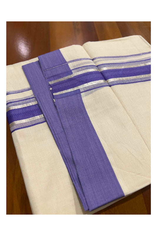 Off White Kerala Double Mundu with Silver Kasavu and Violet Border (South Indian Dhoti)