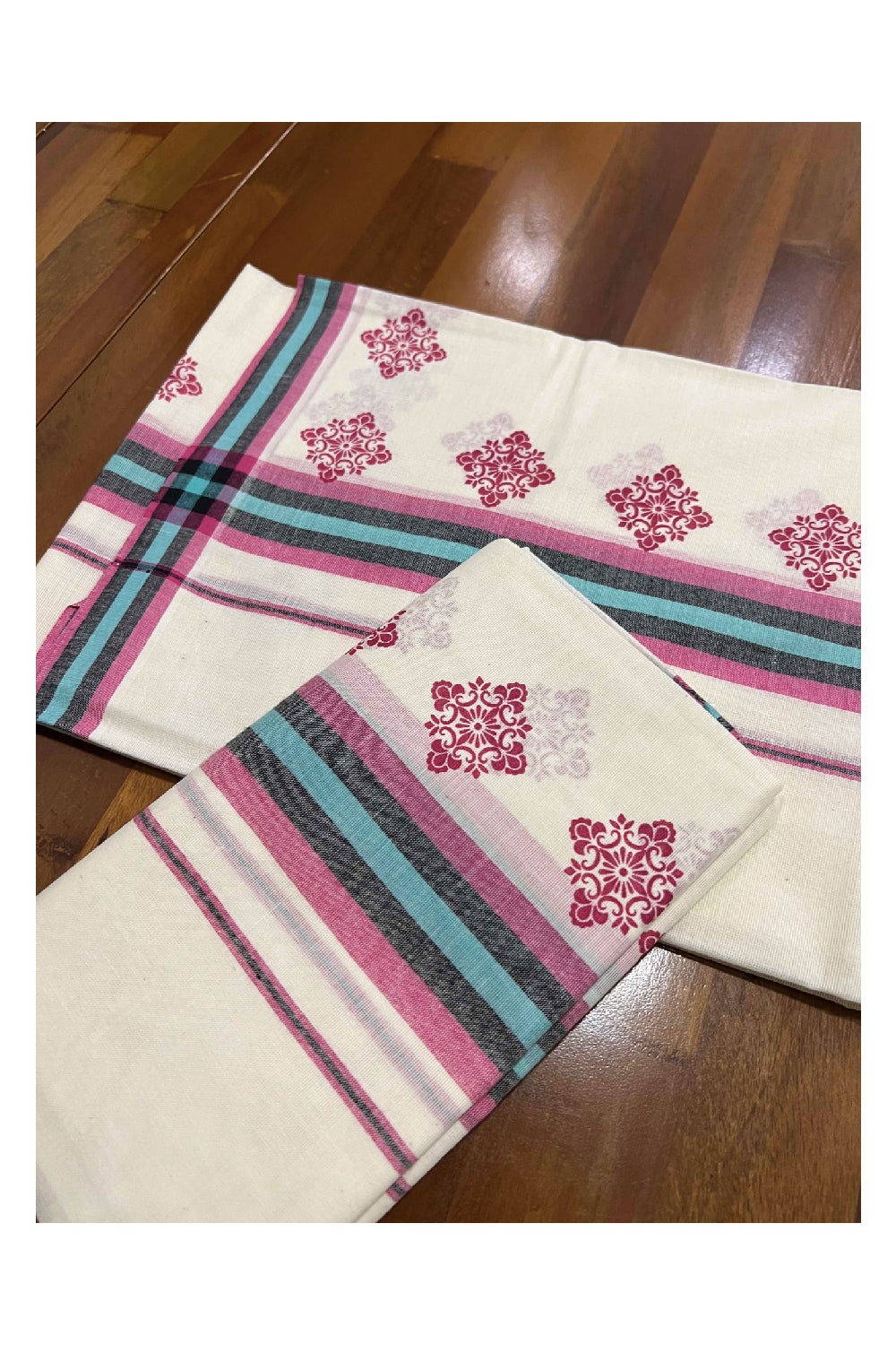 Kerala Cotton Mulloth Mundum Neriyathum Single (Set Mundu) with Pink Floral Block Print Border (Extra Soft Cotton)