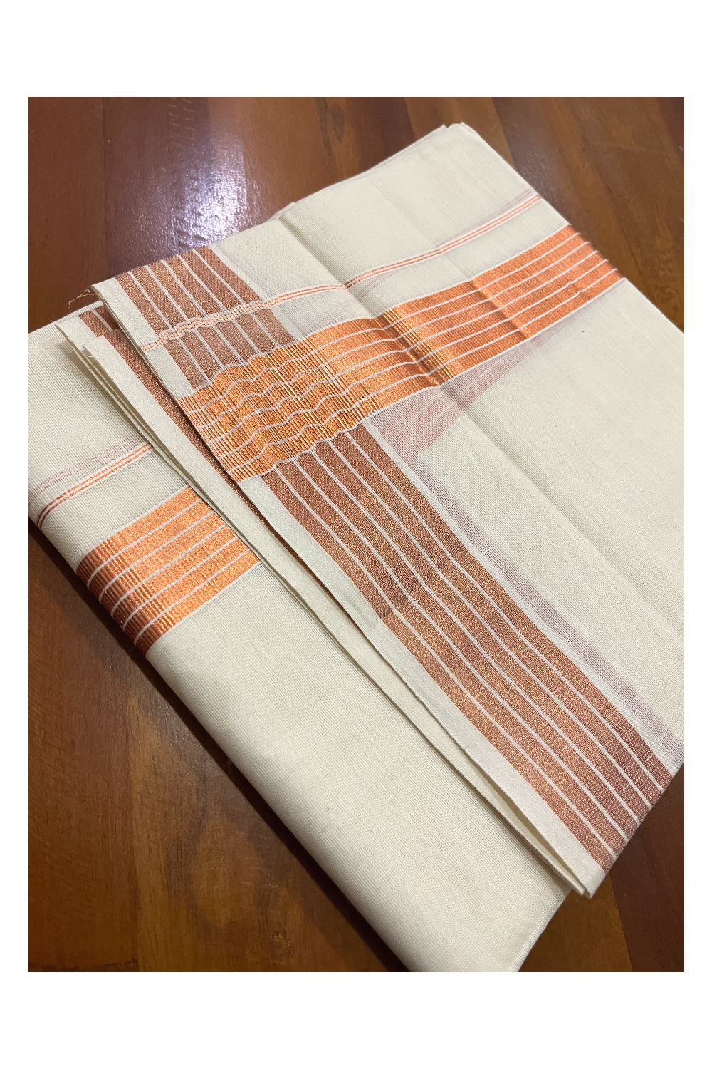 Off White Pure Cotton Double Mundu with Copper Kasavu Kara (South Indian Dhoti)