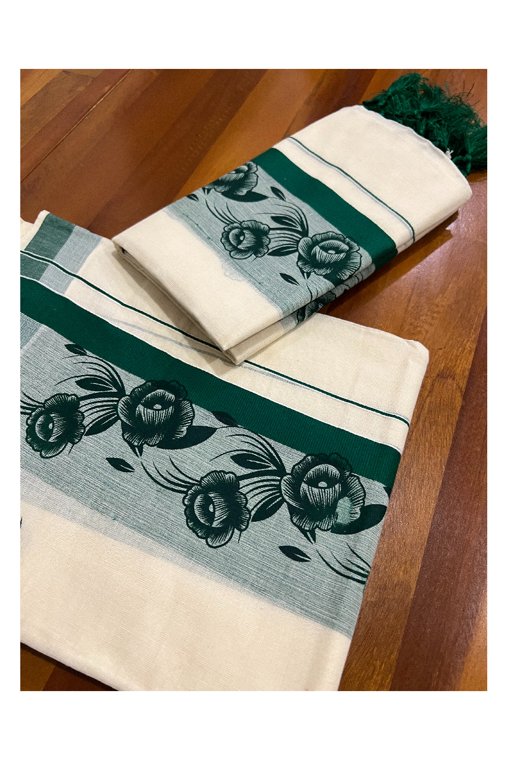 Kerala Cotton Set Mundu (Mundum Neriyathum) with Dark Green Floral Block Prints and Tassels Border