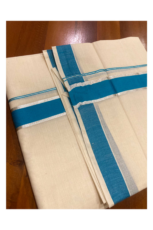 Pure Cotton Double Mundu with Blue and Silver Kasavu Border (South Indian Dhoti)