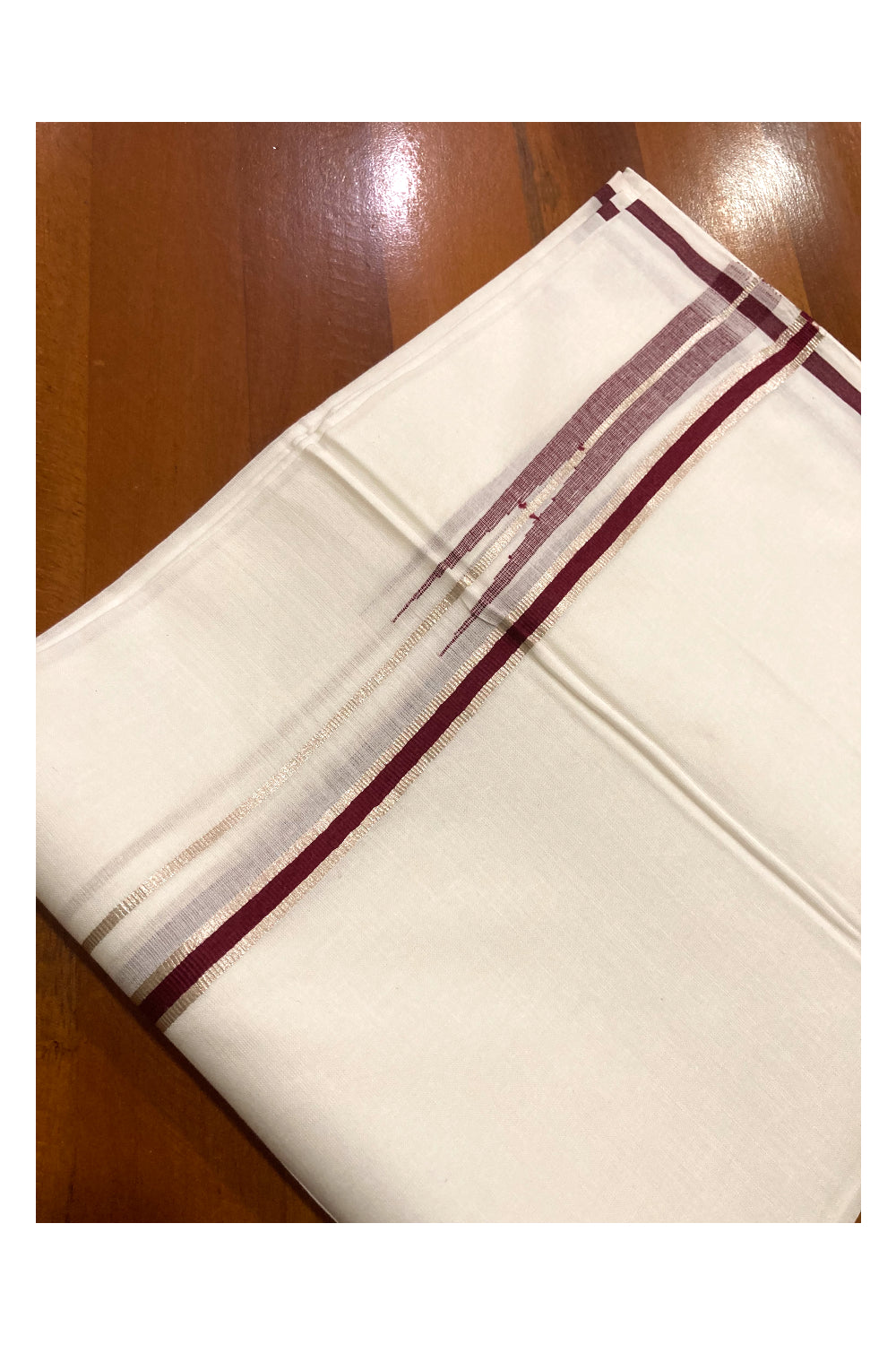 Pure White Kerala Cotton Double Mundu with Silver Kasavu and Dark Maroon Border (South Indian Dhoti)