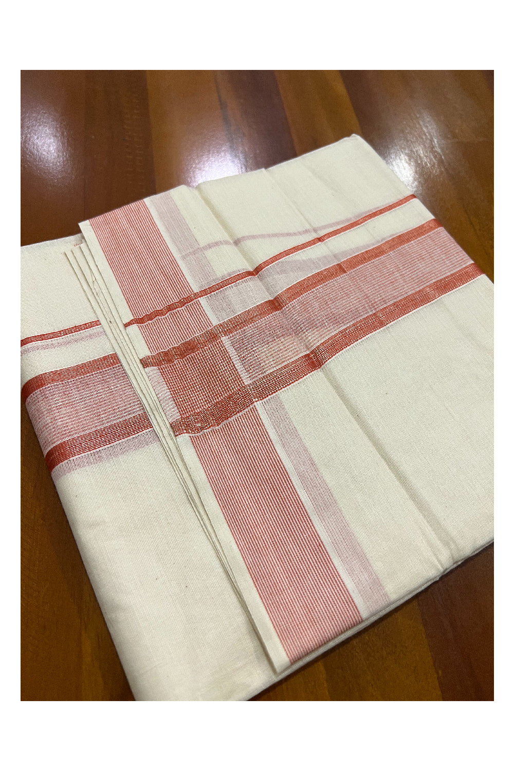 Pure Cotton Off White Double Mundu with Light Red and Silver Kasavu Border (South Indian Dhoti)