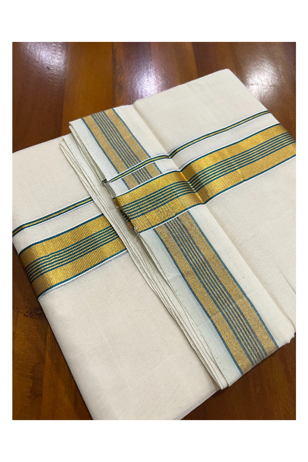 Southloom Kuthampully Handloom Pure Cotton Mundu with Golden and Green Kasavu Line Border (South Indian Dhoti)