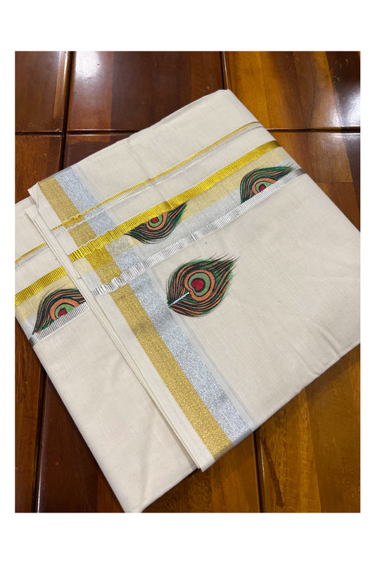 Pure Cotton Silver Golden Kasavu Mundu with Mural Hand Painted Peacock Feather Design (South Indian Dhoti)